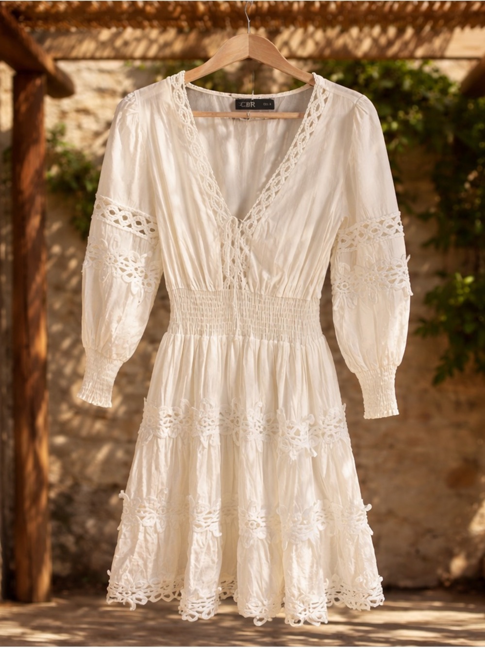 CBR Ivory Lace-Trim Smocked Mini Dress